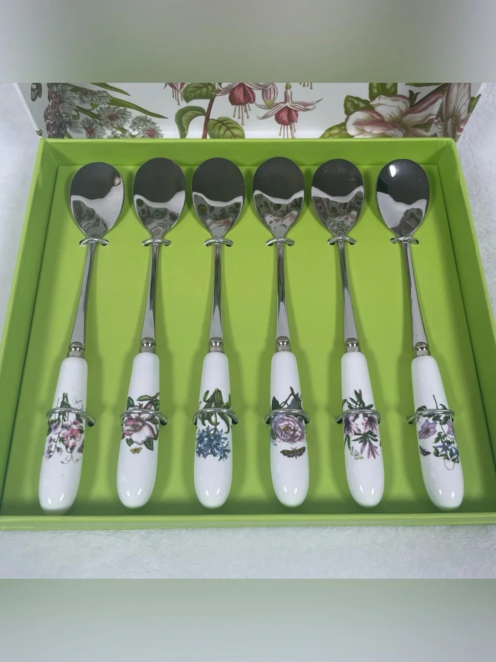 Portmeirion Botanic Garden Teaspoons SET OF 6 Floral Ceramic Handle NEW Open Box